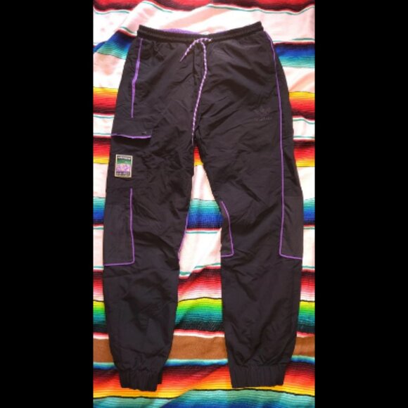 ADIDAS BLACK PURPLE TRACK PANTS SZ MEN'S SMALL OLD SCHOOL HIP HOP MOUNTAIN PATCH - Picture 1 of 8